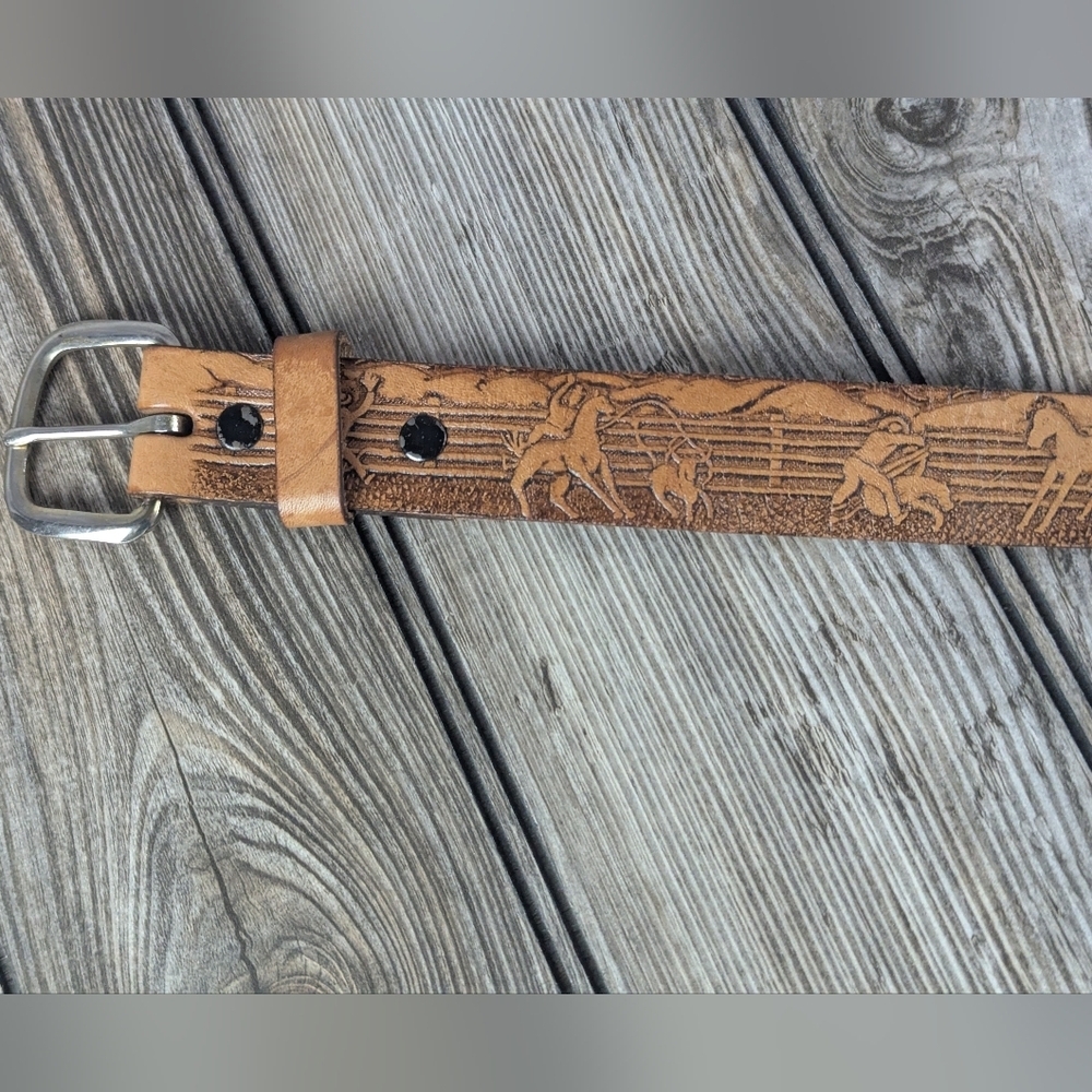 SS Double S Western Children's Leather Belt With Roping Cowboy & Horse Embossed